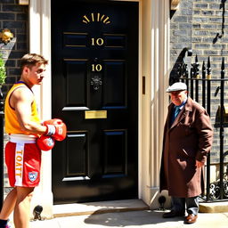 A scene outside 10 Downing Street in London, showcasing a young man from Yeovil Town dressed in vibrant boxing gear, looking focused and determined