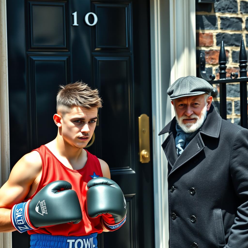 A scene outside 10 Downing Street in London, showcasing a young man from Yeovil Town dressed in vibrant boxing gear, looking focused and determined