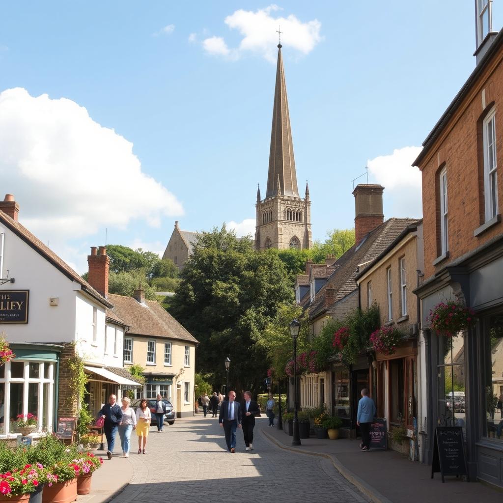 A picturesque scene of Yeovil Town, England, featuring the charming architecture of the local buildings, quaint shops lining the streets, and lush greenery surrounding the area