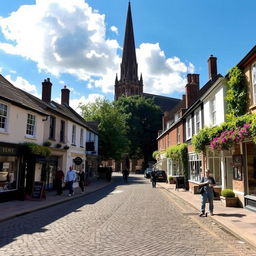 A picturesque scene of Yeovil Town, England, featuring the charming architecture of the local buildings, quaint shops lining the streets, and lush greenery surrounding the area