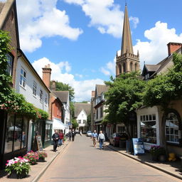A picturesque scene of Yeovil Town, England, featuring the charming architecture of the local buildings, quaint shops lining the streets, and lush greenery surrounding the area