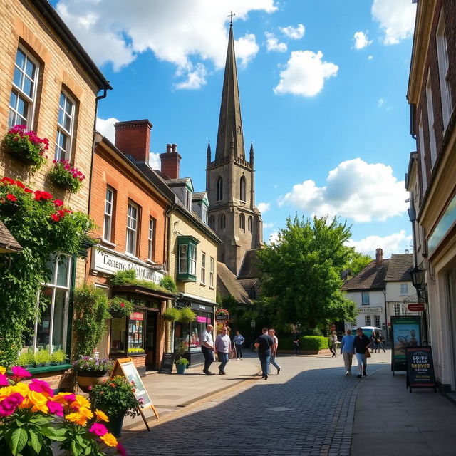 A picturesque scene of Yeovil Town, England, featuring the charming architecture of the local buildings, quaint shops lining the streets, and lush greenery surrounding the area