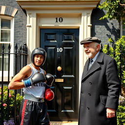 A vibrant scene depicting 10 Downing Street with its iconic black door and surrounding architecture