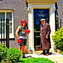 A vibrant scene depicting 10 Downing Street with its iconic black door and surrounding architecture