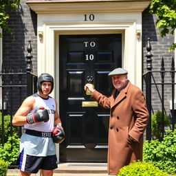 A vibrant scene depicting 10 Downing Street with its iconic black door and surrounding architecture