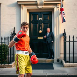 A dynamic scene at 10 Downing Street in London, showcasing a young man from Yeovil Town in vibrant, modern boxing gear, standing confidently in the foreground