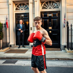 A dynamic scene at 10 Downing Street in London, showcasing a young man from Yeovil Town in vibrant, modern boxing gear, standing confidently in the foreground