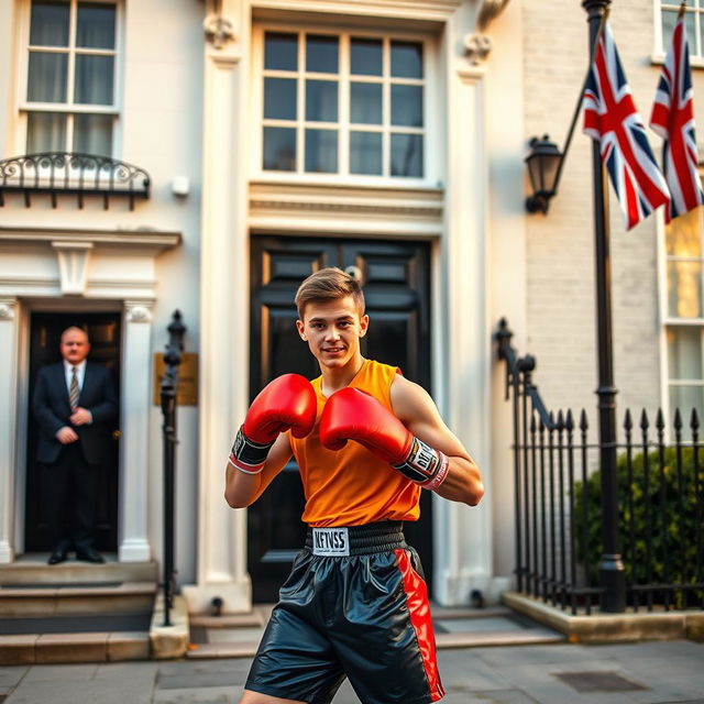 A dynamic scene at 10 Downing Street in London, showcasing a young man from Yeovil Town in vibrant, modern boxing gear, standing confidently in the foreground