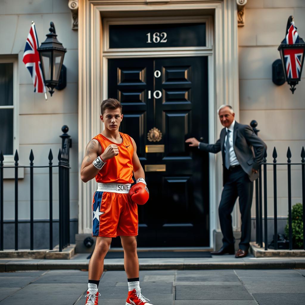 A dynamic scene at 10 Downing Street in London, showcasing a young man from Yeovil Town in vibrant, modern boxing gear, standing confidently in the foreground