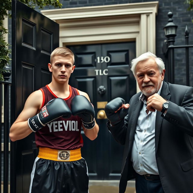 A scene outside 10 Downing Street featuring a young man from Yeovil Town dressed in boxing gear, standing confidently with a determined expression