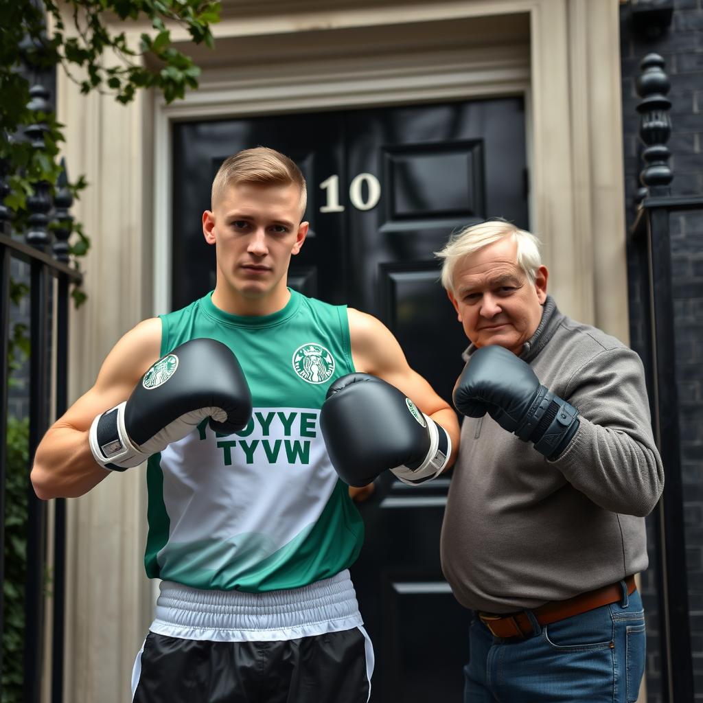 A scene outside 10 Downing Street featuring a young man from Yeovil Town dressed in boxing gear, standing confidently with a determined expression