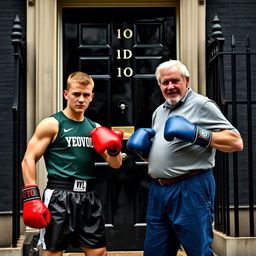 A scene outside 10 Downing Street featuring a young man from Yeovil Town dressed in boxing gear, standing confidently with a determined expression