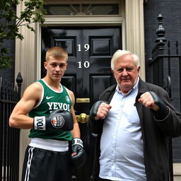 A scene outside 10 Downing Street featuring a young man from Yeovil Town dressed in boxing gear, standing confidently with a determined expression