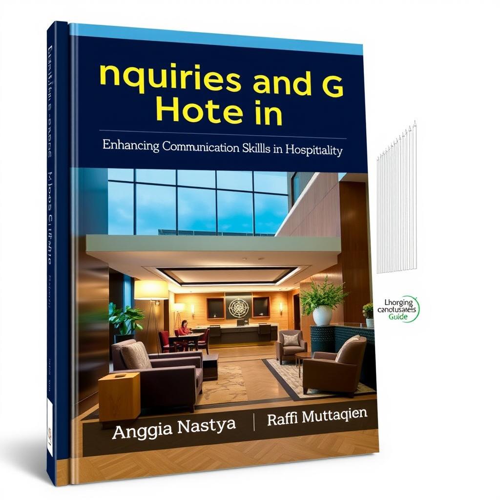 An inviting and professional book cover image for 'Enquiries and Guide in Hotel: Enhancing Communication Skills in Hospitality' authored by Anggia Nastya and Raffi Muttaqien