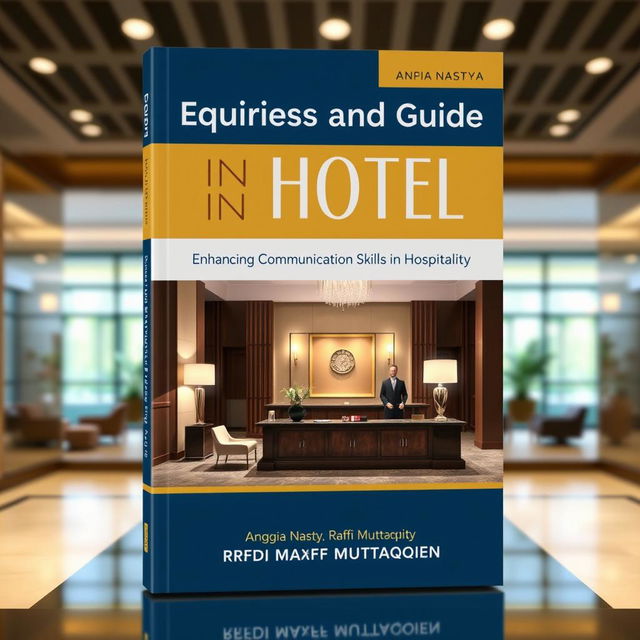 An inviting and professional book cover image for 'Enquiries and Guide in Hotel: Enhancing Communication Skills in Hospitality' authored by Anggia Nastya and Raffi Muttaqien