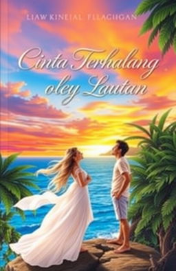 A romantic book cover titled 'Cinta Terhalang oleh Lautan'