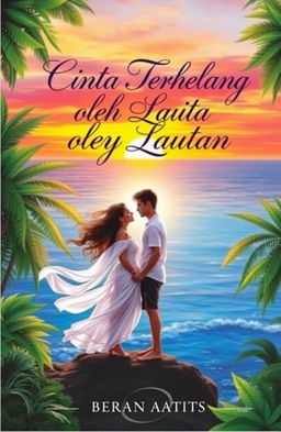 A romantic book cover titled 'Cinta Terhalang oleh Lautan'