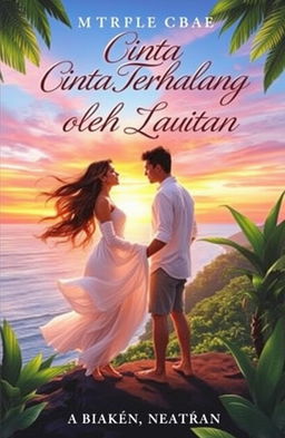 A romantic book cover titled 'Cinta Terhalang oleh Lautan'