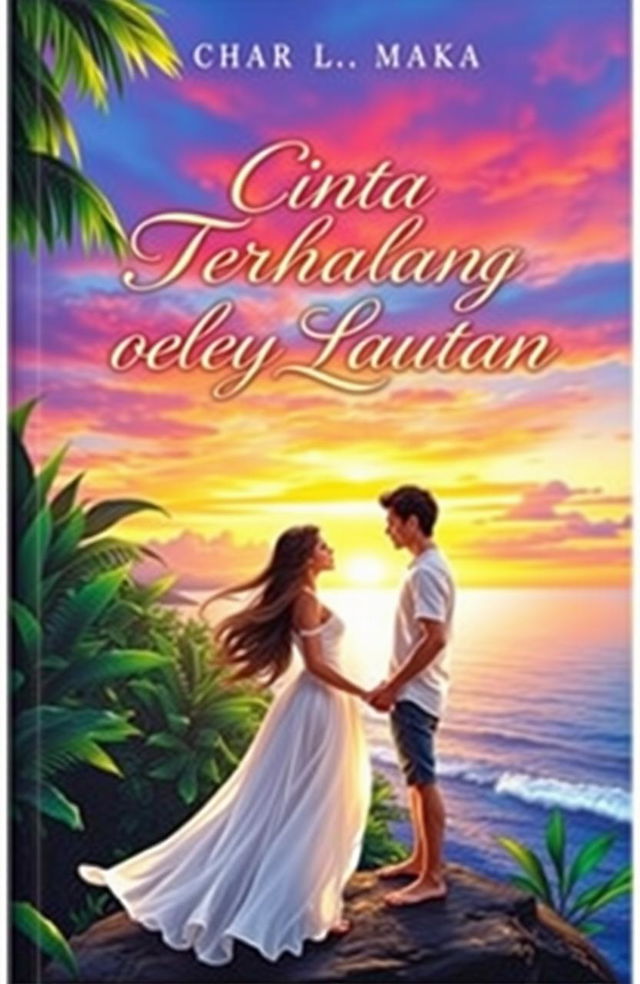 A romantic book cover titled 'Cinta Terhalang oleh Lautan'