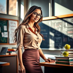 A sultry and attractive teacher in a stylish classroom setting, wearing a fitted blouse and pencil skirt, with elegant glasses