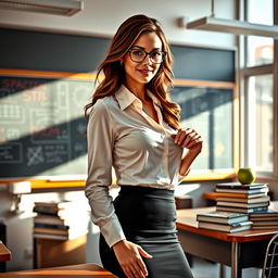 A sultry and attractive teacher in a stylish classroom setting, wearing a fitted blouse and pencil skirt, with elegant glasses