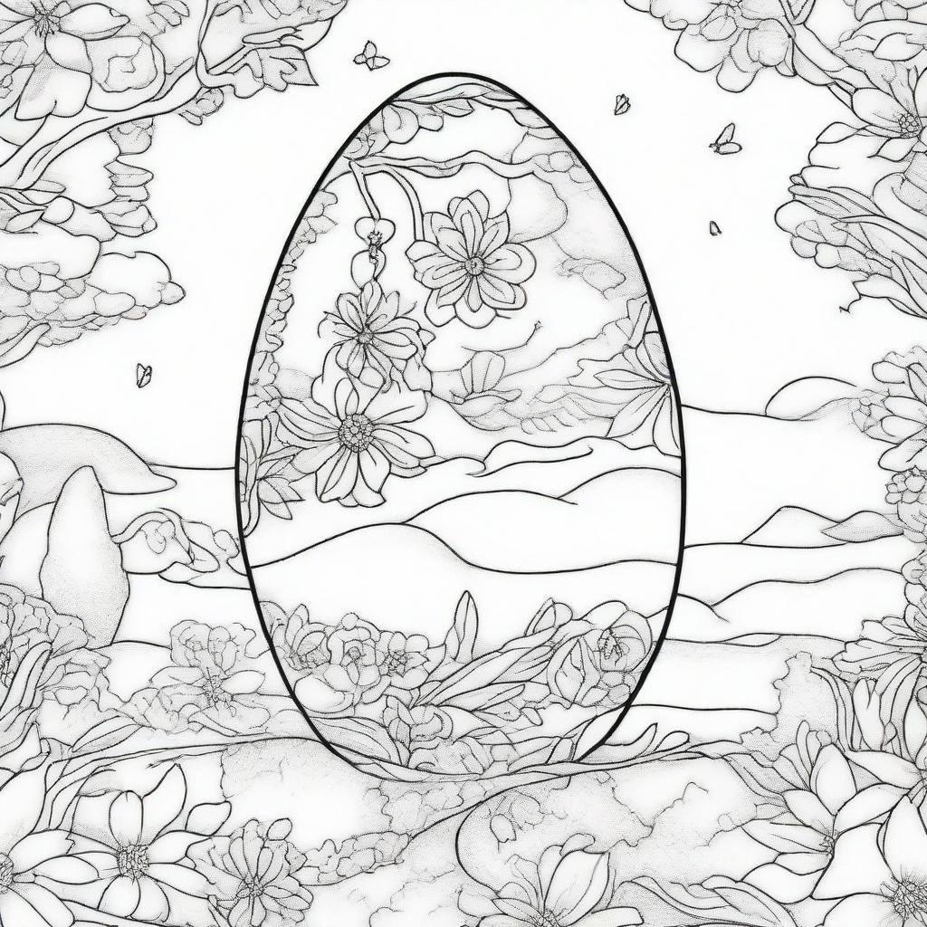 Design a coloring page featuring a large Easter egg, covered in an intricate magical scenery