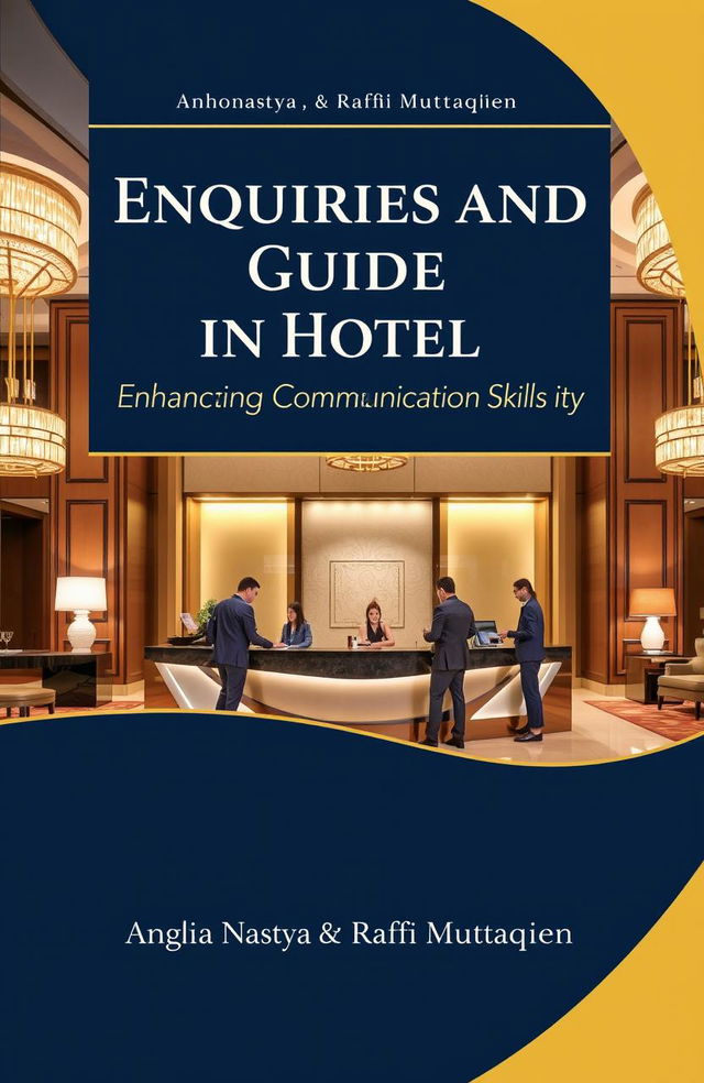 A modern book cover for 'Enquiries and Guide in Hotel: Enhancing Communication Skills in Hospitality' by Anggia Nastya and Raffi Muttaqien