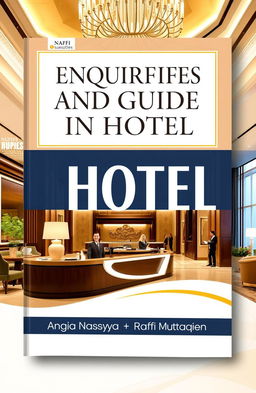 A modern book cover for 'Enquiries and Guide in Hotel: Enhancing Communication Skills in Hospitality' by Anggia Nastya and Raffi Muttaqien