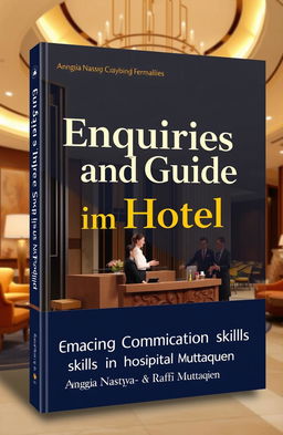 A modern book cover for 'Enquiries and Guide in Hotel: Enhancing Communication Skills in Hospitality' by Anggia Nastya and Raffi Muttaqien