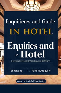 A modern book cover for 'Enquiries and Guide in Hotel: Enhancing Communication Skills in Hospitality' by Anggia Nastya and Raffi Muttaqien