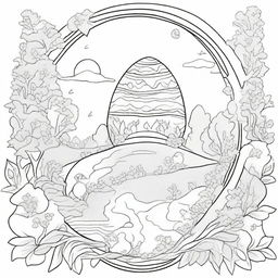 Design a coloring page featuring a large Easter egg, covered in an intricate magical scenery