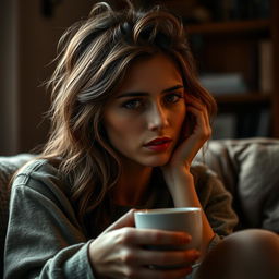 A beautiful woman looking tired yet graceful, sitting in a cozy setting
