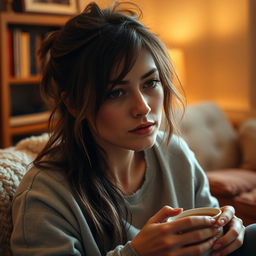 A beautiful woman looking tired yet graceful, sitting in a cozy setting