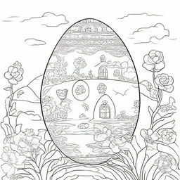 Design a coloring page featuring a large Easter egg, covered in an intricate magical scenery