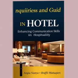 A professionally designed book cover for 'Enquiries and Guide in Hotel: Enhancing Communication Skills in Hospitality' by Anggia Nastya and Raffi Muttaqien