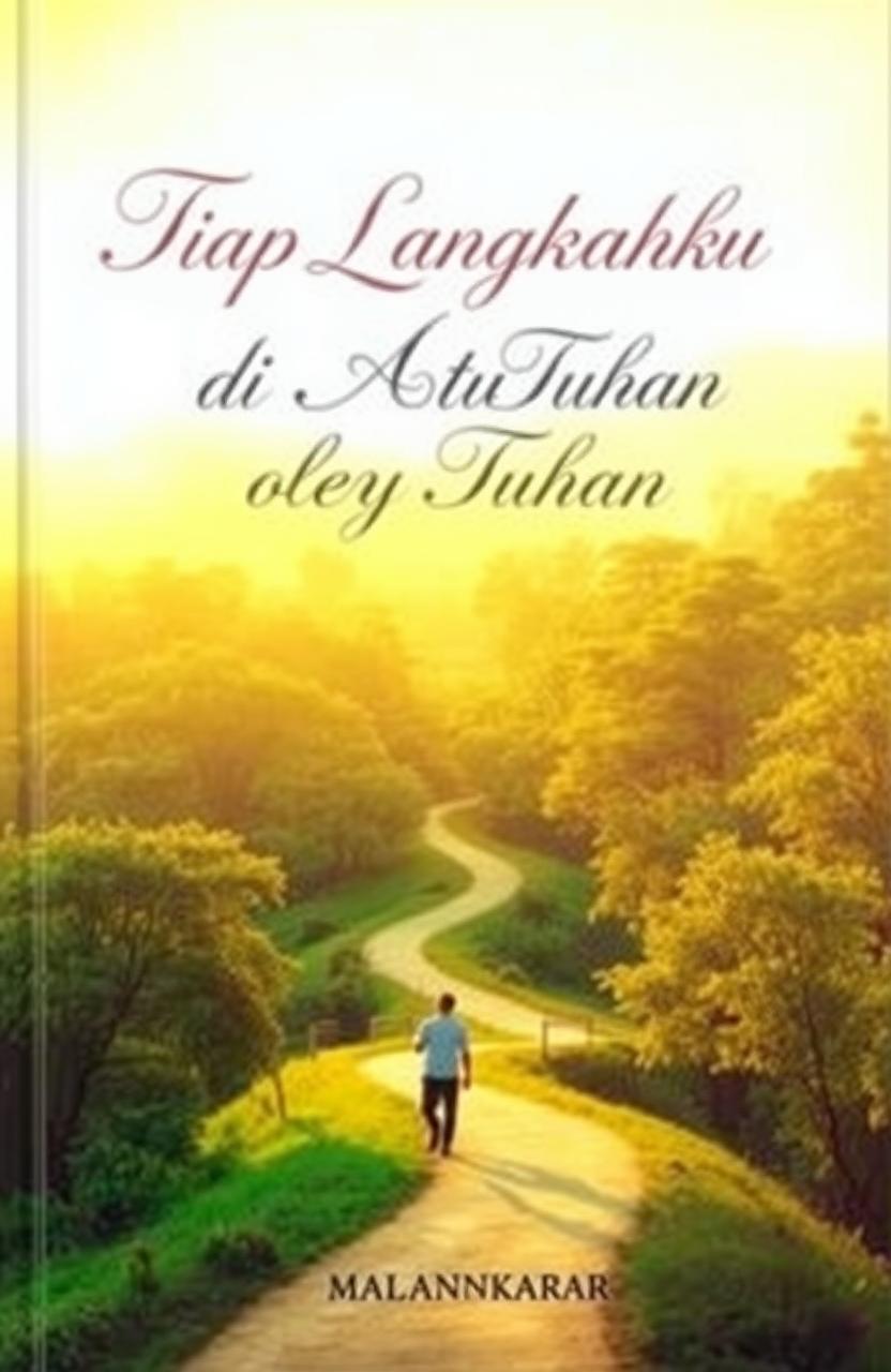 An inspirational book cover for 'Tiap Langkahku di Atur oleh Tuhan' featuring a serene landscape with a winding path through a lush forest