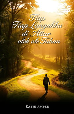 An inspirational book cover for 'Tiap Langkahku di Atur oleh Tuhan' featuring a serene landscape with a winding path through a lush forest