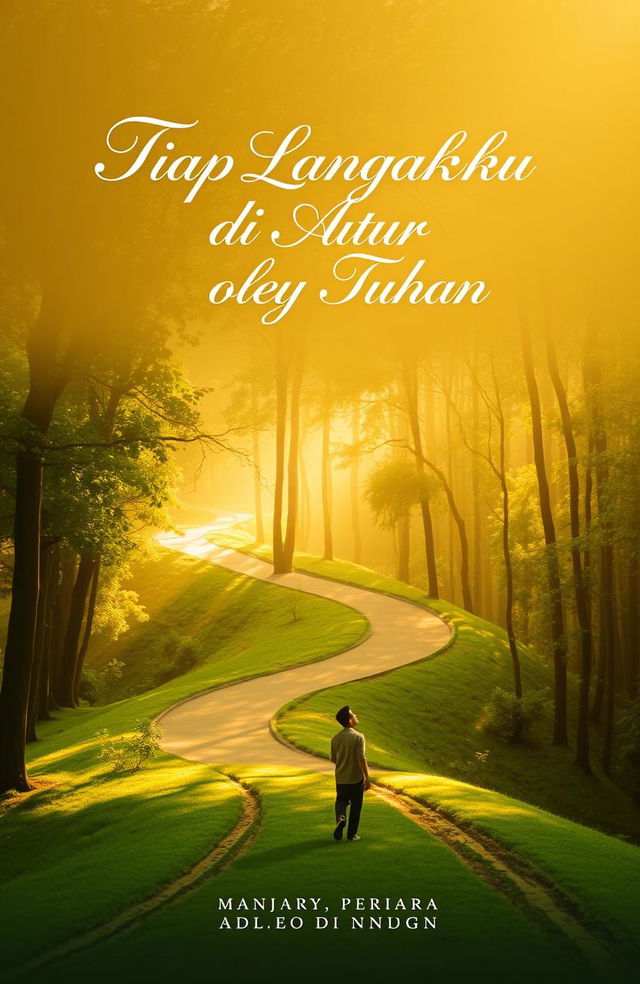 An inspirational book cover for 'Tiap Langkahku di Atur oleh Tuhan' featuring a serene landscape with a winding path through a lush forest