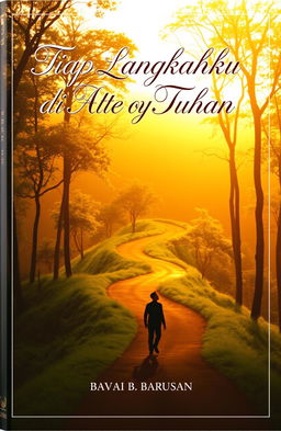 An inspirational book cover for 'Tiap Langkahku di Atur oleh Tuhan' featuring a serene landscape with a winding path through a lush forest