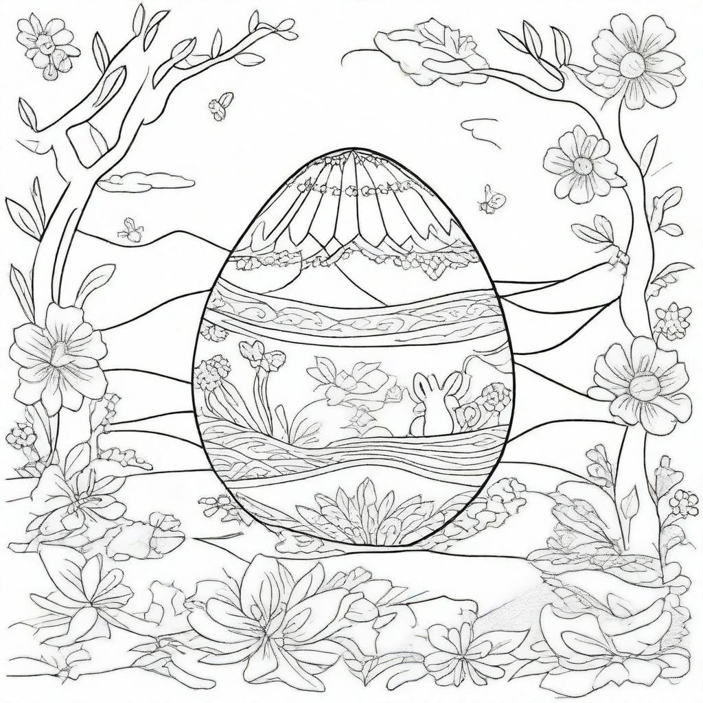 Design a coloring page featuring a large Easter egg, covered in an intricate magical scenery