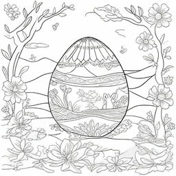 Design a coloring page featuring a large Easter egg, covered in an intricate magical scenery