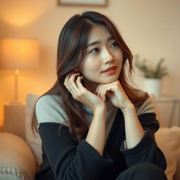 A tired yet beautiful Korean woman, seated in a serene setting that reflects her gentle demeanor
