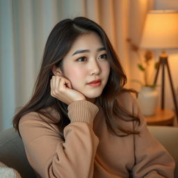 A tired yet beautiful Korean woman, seated in a serene setting that reflects her gentle demeanor