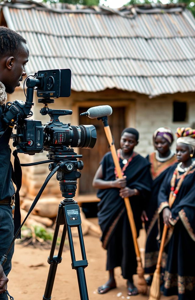 A black cameraman focused on capturing footage with a professional video camera mounted on a sturdy tripod