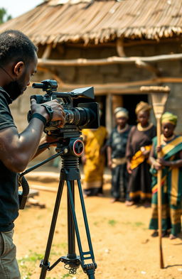 A black cameraman focused on capturing footage with a professional video camera mounted on a sturdy tripod