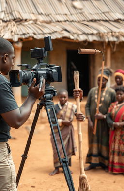 A black cameraman focused on capturing footage with a professional video camera mounted on a sturdy tripod