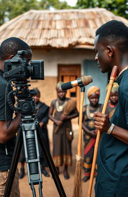 A black cameraman focused on capturing footage with a professional video camera mounted on a sturdy tripod