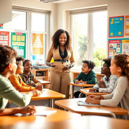 A warm and inviting classroom scene with a teacher in their 30s, standing confidently at the front of the room