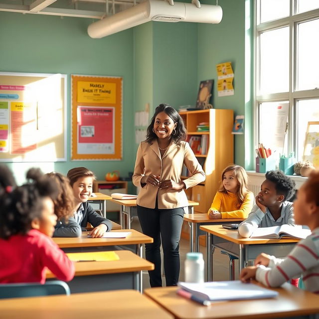 A warm and inviting classroom scene with a teacher in their 30s, standing confidently at the front of the room