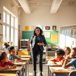 A warm and inviting classroom scene with a teacher in their 30s, standing confidently at the front of the room